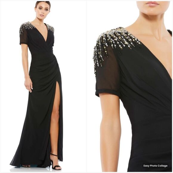 NWT Mac Duggal 55704 SEQUINED EMBELLISHED SHOULDER EVENING GOWN Black 12 - Picture 1 of 16